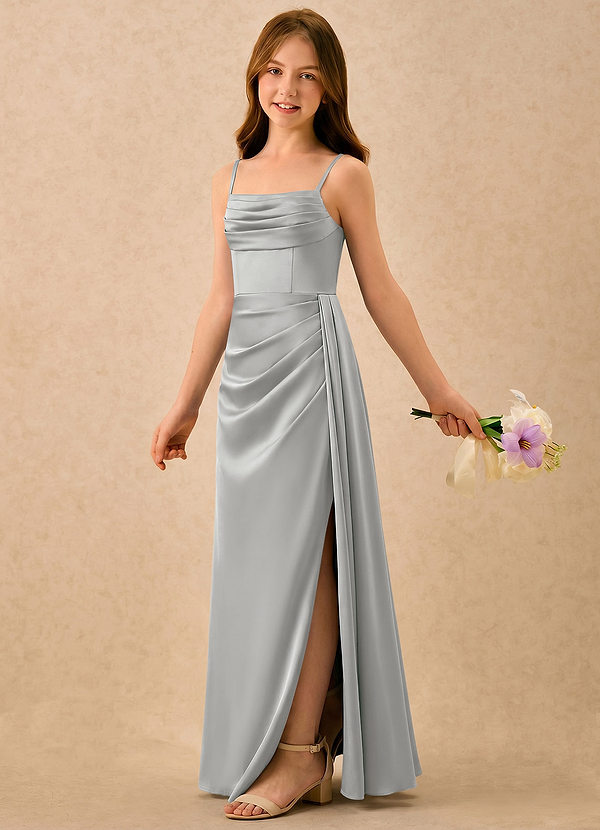 Azazie Shyla Girls Formal Flower Girl Dresses Silver Sheath Pleated Stretch Satin Dress image1