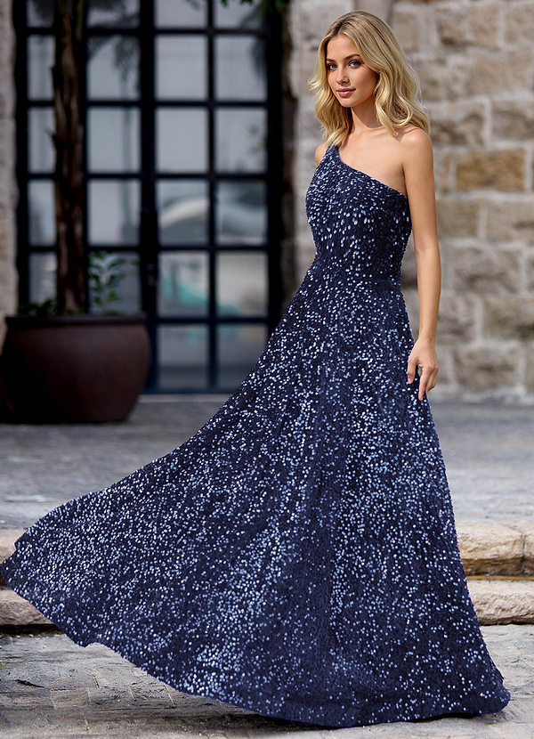 Opulent Navy Velvet Sequins Prom Dress image1