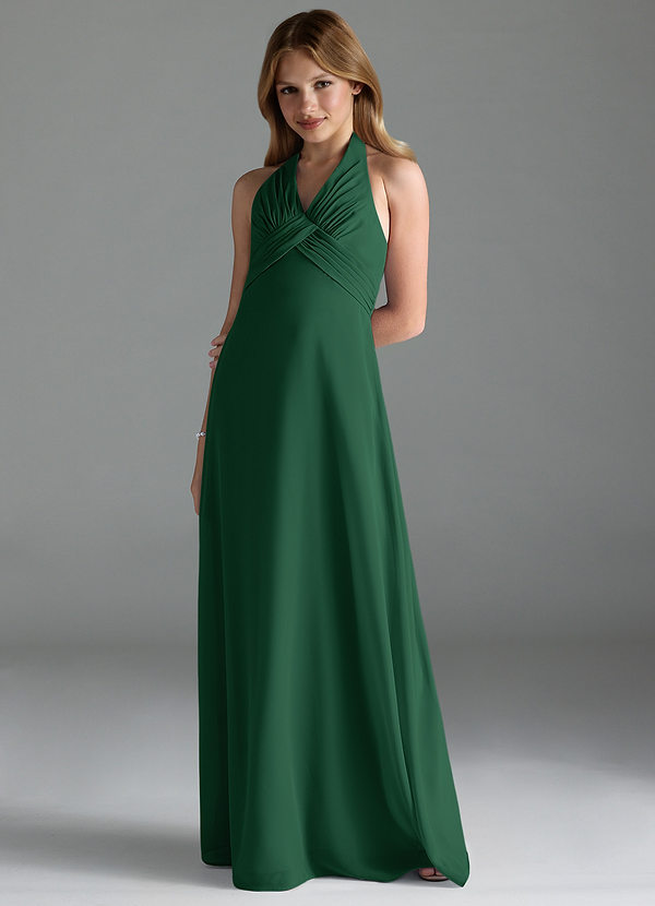 Azazie Tessie Junior A-Linie Plissee Chiffon Kleid Dunkelgrün image1