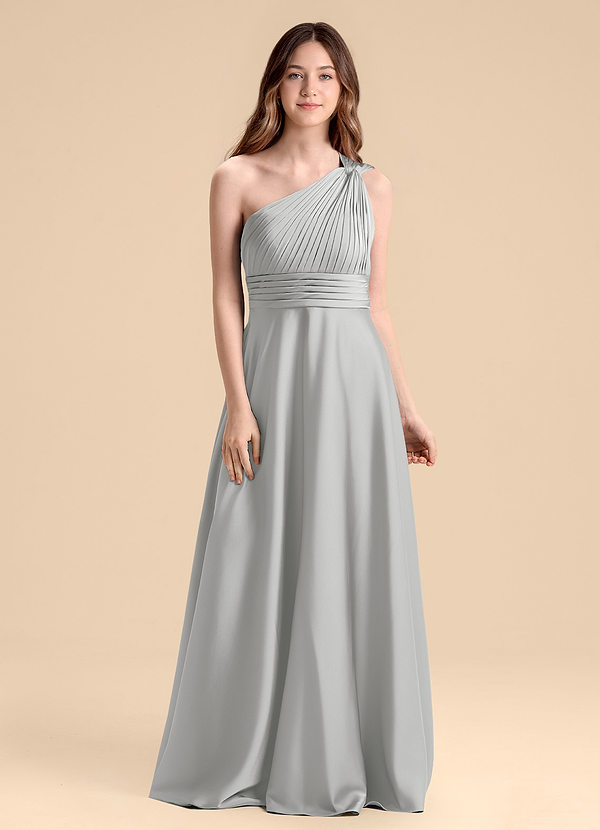 Azazie Charlize Junior Robe Trapèze en Satin extensible Plissée Argent image1