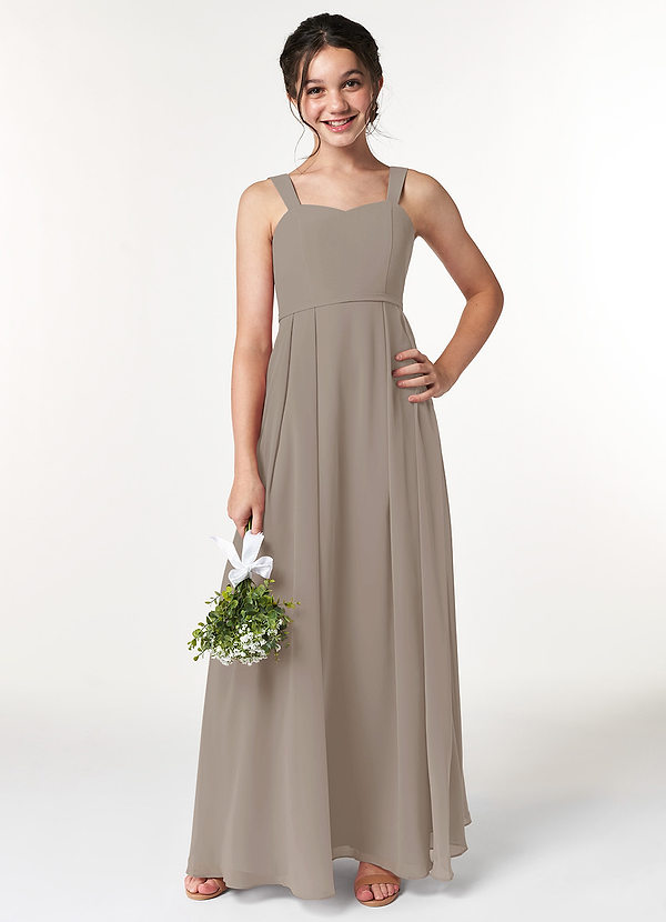 Azazie Simoan Junior Abito A-Line in Chiffon Scollo a Cuore Taupe image1