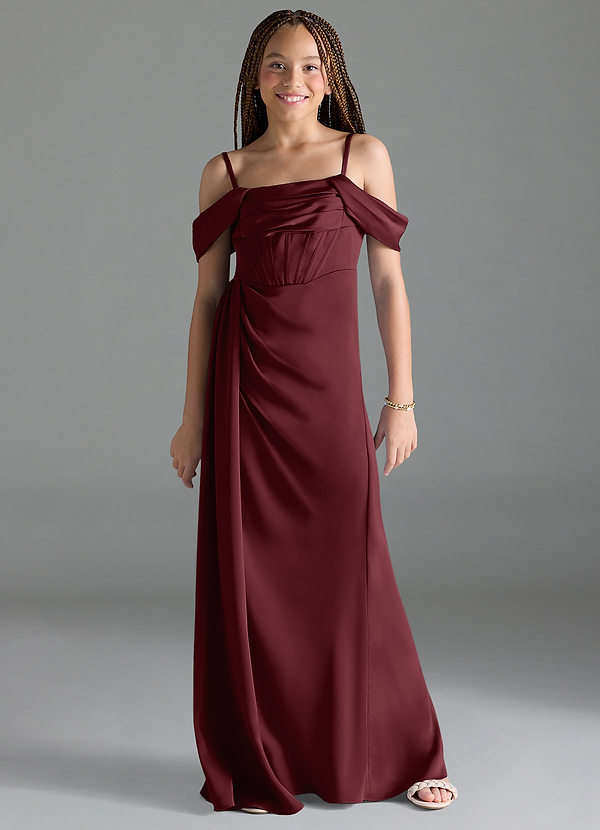 Azazie Amyra Junior Cabernet Sheath Off the Shoulder Stretch Satin Dress image1