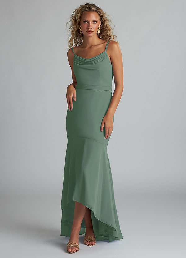 Azazie Summer Bruidsmeisjes Jurken Jurk van Chiffon met Zeemeermin Schop cowl Eucalyptus image1