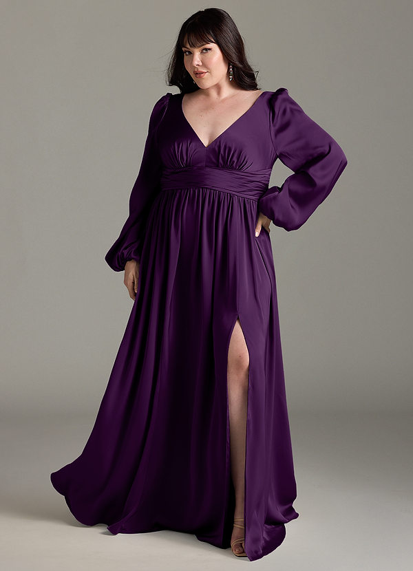 Azazie Norah Robes Demoiselle d'honneur Robe Trapèze en Satin extensible Grain De Raisin image1