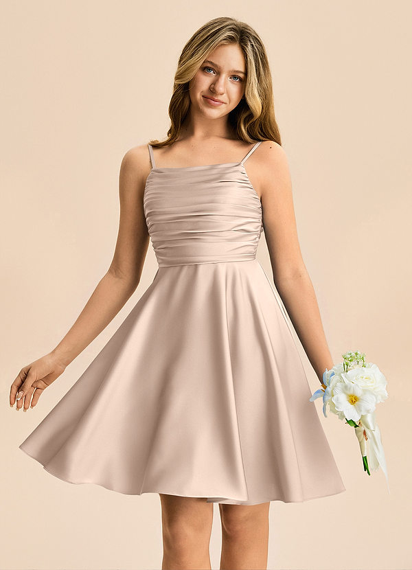 Azazie Miko Junior English Rose A-Line Pleated Stretch Satin Dress image1