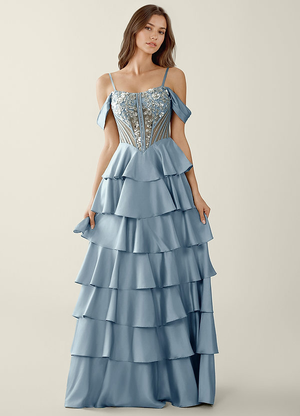 Calliope Stoffig Blauw A-lijn galajurk met sweetheart-halslijn en korset image1