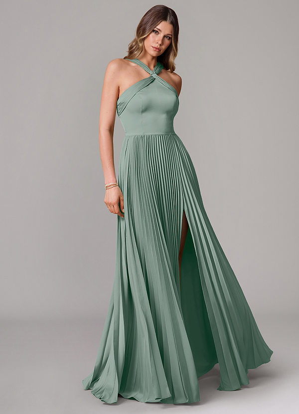 Azazie Afra Abiti da Damigella Abito A-Line in Raso Elasticizzato Plissettato Salvia Argentata image1