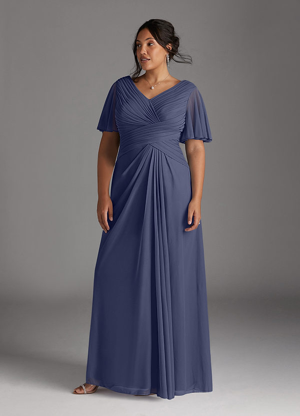 Azazie Emmeline Mother of the Brides Dresses Stormy A-Line V-Neck Pleated Mesh Dress image1