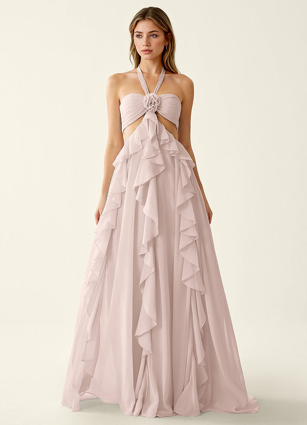 Gelsomina Poederroze Chiffon A-lijn galajurk met 3D-bloemen en ruches image1