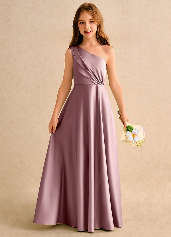 Azazie Puddles Junior Formal Blumenkinder Kleider A-Linie One-Shoulder Matte Satin Kleid Altrosa image1