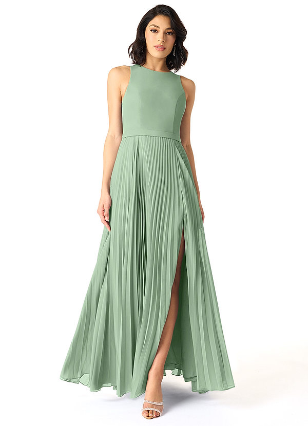 Azazie Lindie Bridesmaid Dresses Matcha A-Line Scoop Pleated Chiffon Dress image1