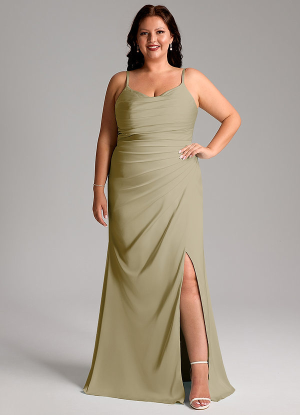 Azazie Deandra Bridesmaid Dresses Moss Green Mermaid Pleated Stretch Satin Dress image1