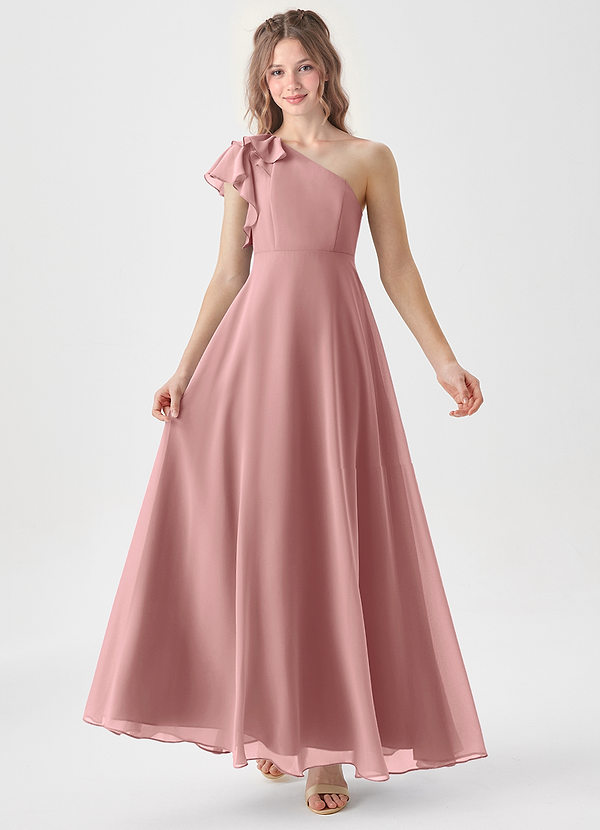 Azazie Arabella Junior Robe Trapèze en Mousseline de soie Rayé Rose Poussiéreuse image1