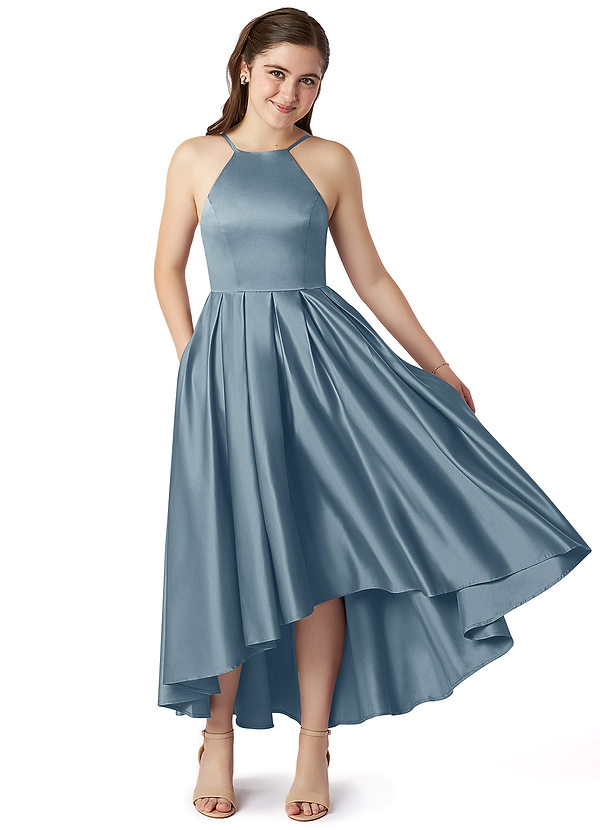 Azazie Jemima Junior Dusty Blue A-Line with Pockets Stretch Satin Dress image1