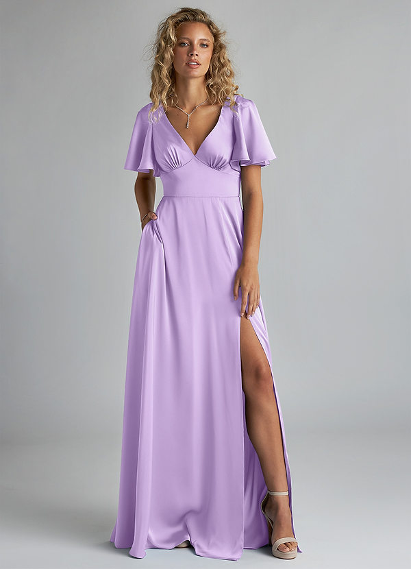 Azazie Kimber Bridesmaid Dresses Lilac A-Line Ruched Stretch Satin Dress image1