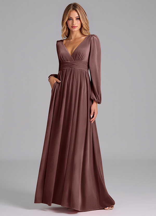 Azazie Norah Robes Demoiselle d'honneur Robe Trapèze en velours Manche longue Expresso image1