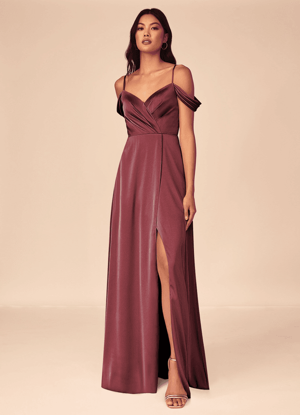 Azazie Ocean Robes Demoiselle d'honneur Robe Trapèze en Satin extensible Col V plissé Merlot image1