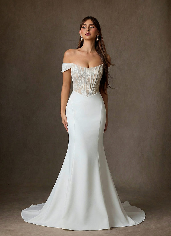 Azazie Yamelle Brautkleider Meerjungfrau-Linie Schulterfrei Satin Kleid Diamantweiß Nude image1