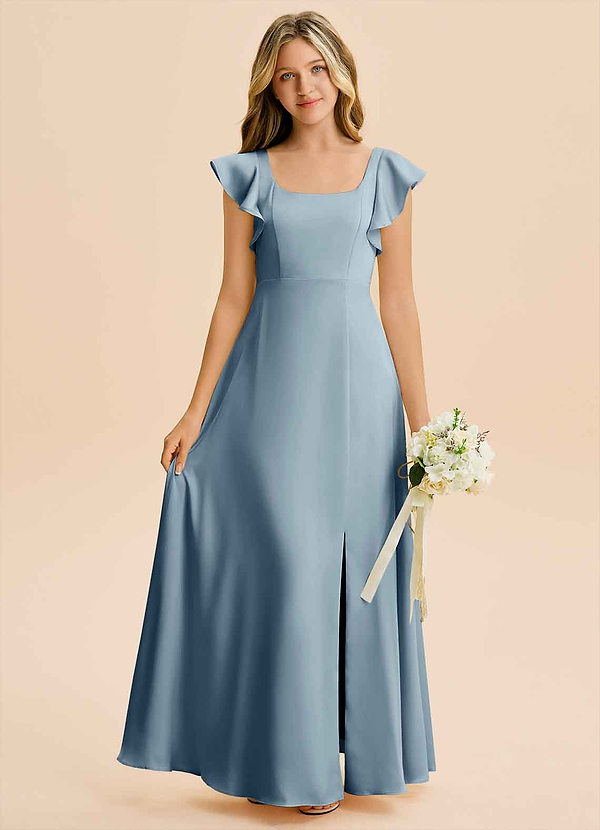 Azazie Bondi Junior Dusty Blue A-Line Side Slit Stretch Satin Dress image1