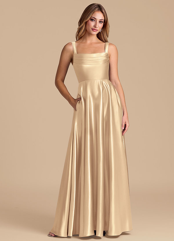 Azazie Shaude Vestidos Dama de Honor Vestido de Oro de Satén Metálico de Corte en A con Plisado image1