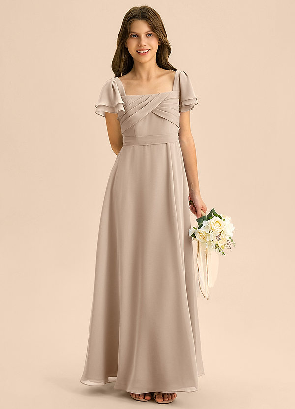 Azazie Azey Junior Taupe A-Line Ruched Chiffon Dress image1