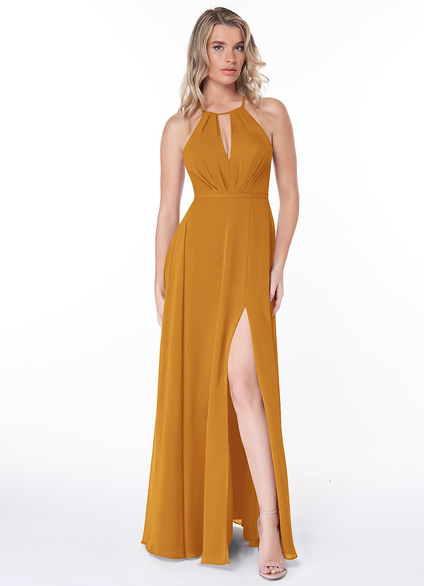Azazie Evalleen Robes Demoiselle d'honneur Robe Trapèze en Mousseline de soie Plissée Caramel écossais image1