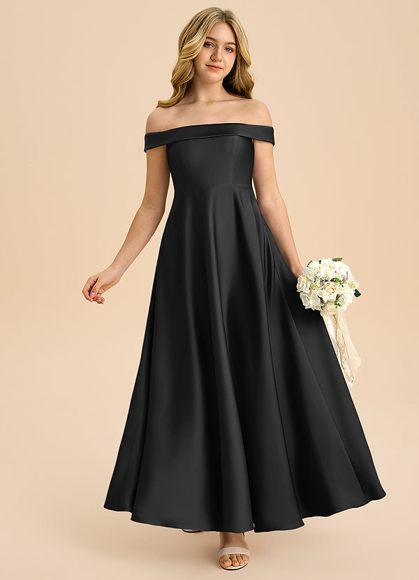 Azazie Sissy Junior Abito A-Line in Raso Elasticizzato a Spalla Scoperta Nero image1