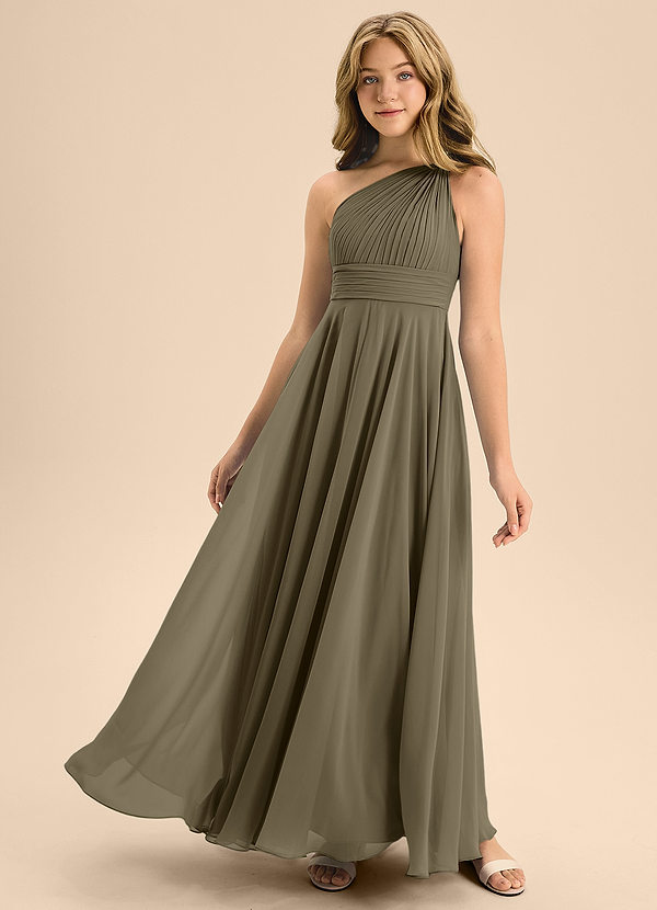 Azazie Charlize Junior Willow Green A-Line Pleated Chiffon Dress image1