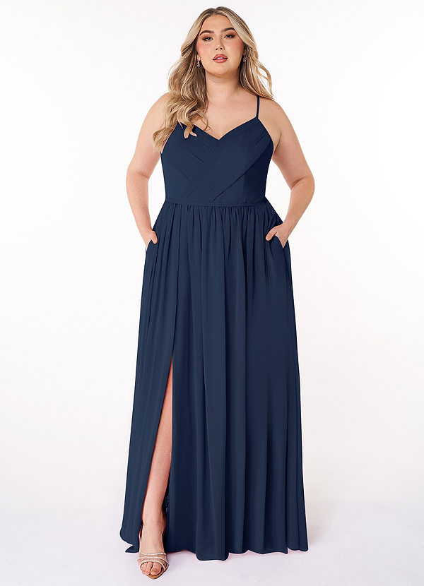 Azazie Cora Robes Demoiselle d'honneur Robe Trapèze en Mousseline de soie Plissée Bleu Marine Foncé image1
