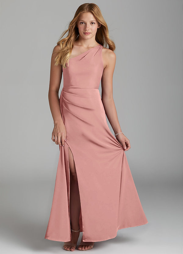 Azazie Maron Junior Rosette A-Line Pleated Stretch Satin Dress image1