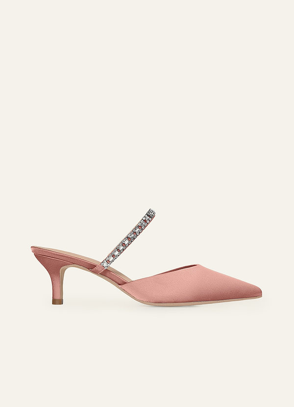 front Matching Color Stretch Satin Rhinestone Slip-on Kitten Heels