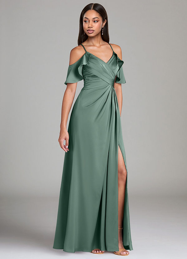 Azazie Dakota Bridesmaid Dresses Eucalyptus A-Line Off the Shoulder Stretch Satin Dress image1