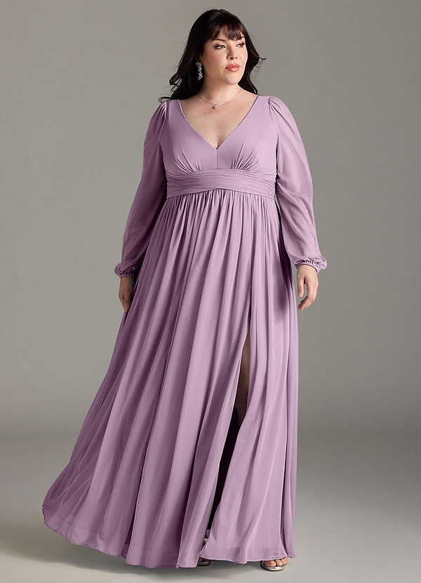 Azazie Norah Brautjungfernkleider A-Linie Lange Ärmel mit V-Ausschnitt Chiffon Kleid Blauregen image1