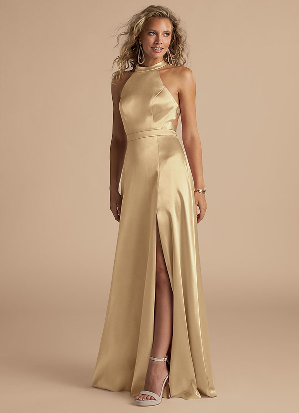 Azazie Clarice Bridesmaid Dresses Champagne A-Line High Neck Metallic Satin Dress image1