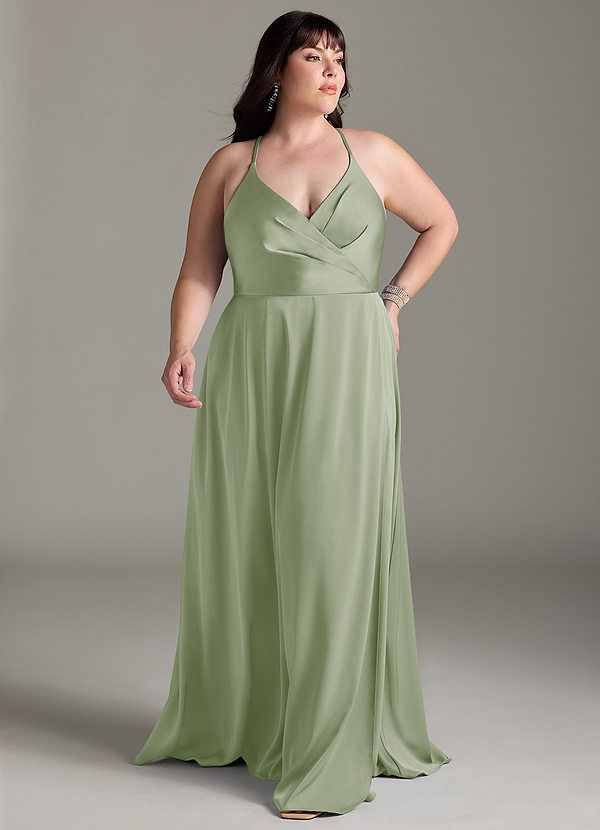 Azazie Davis Abiti da Damigella Abito A-Line in Raso Elasticizzato Plissettato Verde Salvia image1