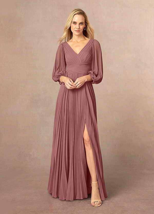 Azazie Zahara Robe Mère de la Mariée & du Marié Robe Trapèze en Mousseline de soie Col V plissé Rose Du Désert image1