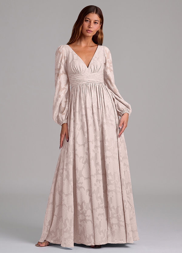 Azazie Norah 신부 들러리 드레스 A라인 긴팔 플로럴 번아웃 바닥 길이 드레스 image1