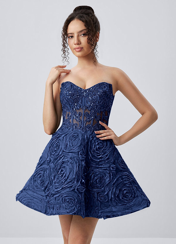 Mathilde Marine Strapless mini-jurk met 3D-rozen en mesh-korset, skatermodel image1