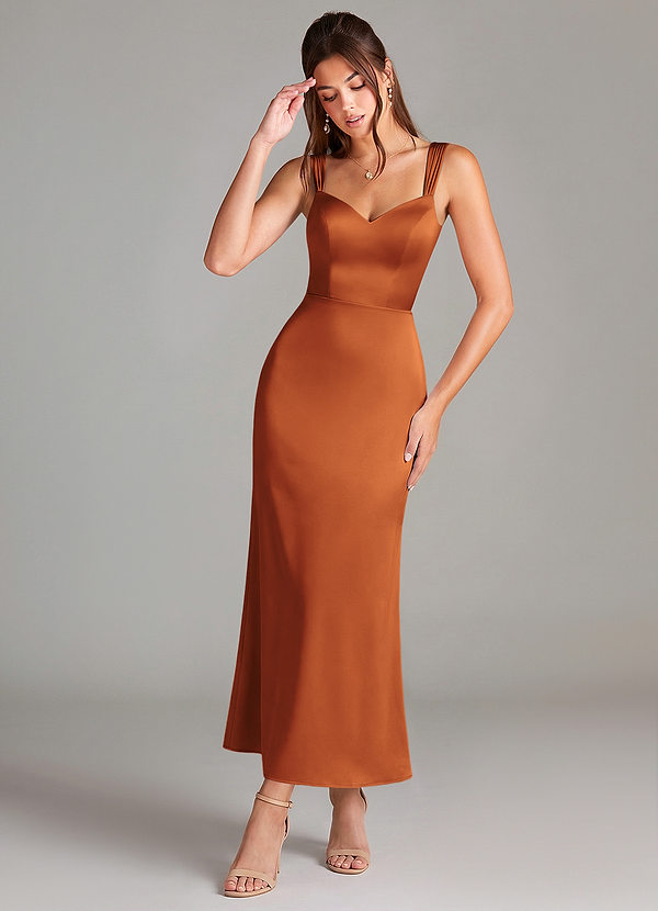 Azazie Denice 신부 들러리 드레스 쉬스 주름진 스트레치 새틴 발목 길이 드레스 image1