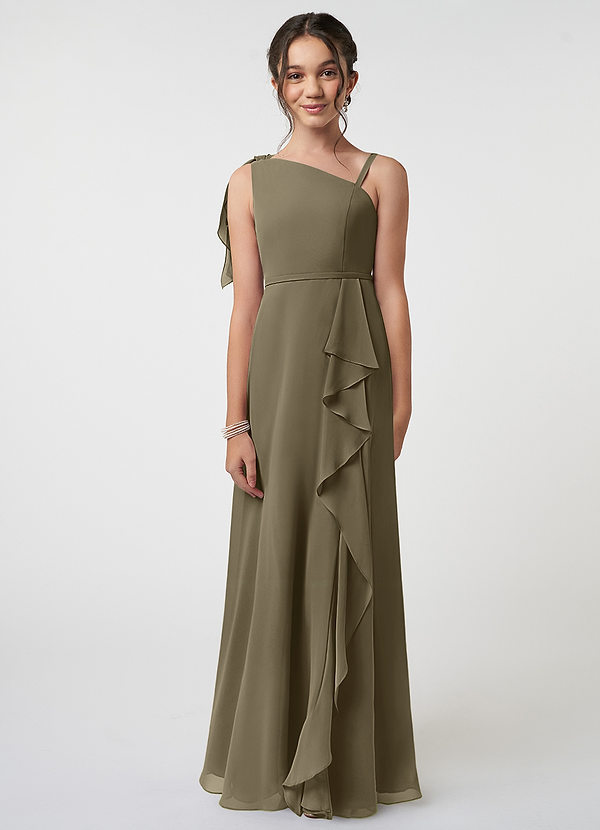 Azazie Aidy Junior Willow Green A-Line Bow Chiffon Dress image1