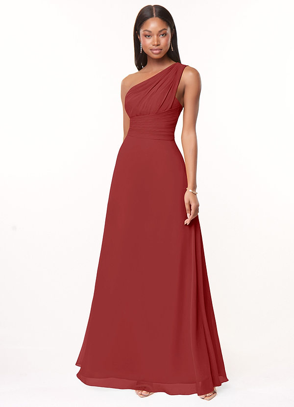 Azazie Ashley Bridesmaid Dresses Rust A-Line Ruched Chiffon Dress image1