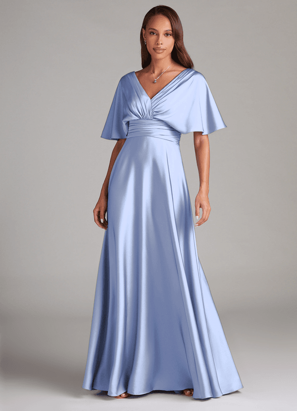 Azazie Pamela Bridesmaid Dresses Ice A-Line Pleated Stretch Satin Dress image1