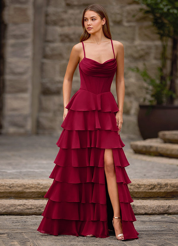 Rhythm Dark Red A-line Cowl Sweetheart Neck Stretch Satin Tiered Ruffles Prom Dress with Slit image1