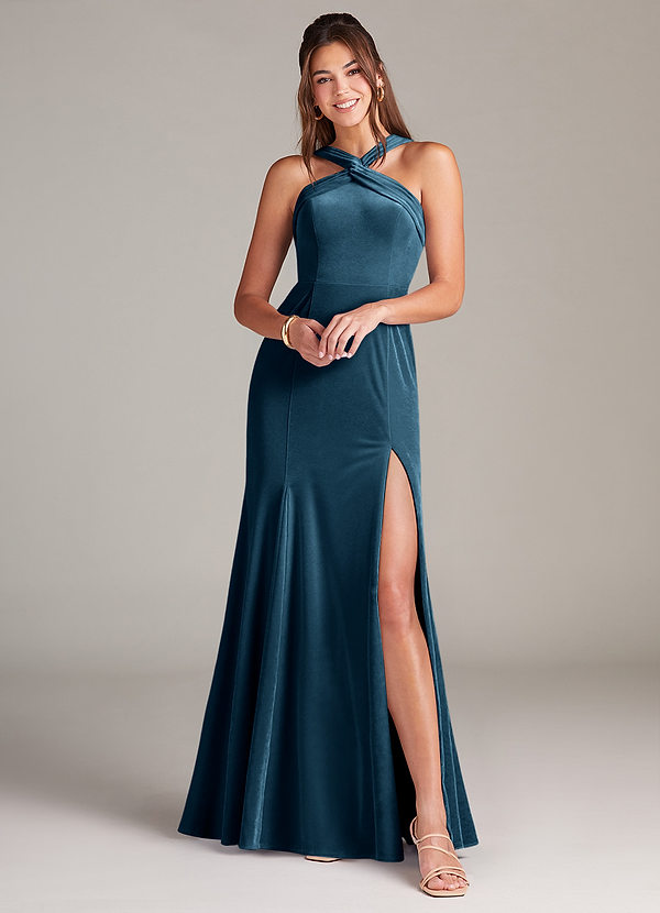 Azazie Rue Bruidsmeisjes Jurken Jurk van flueel met A-Lijn Geplooid Blauwe Topaas image1