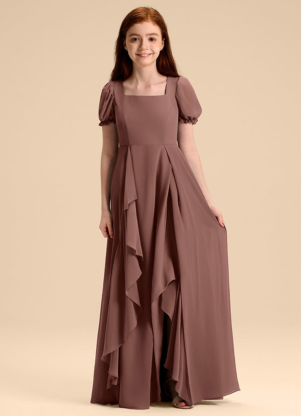 Azazie Priya Junior Abito A-Line in Chiffon Blusa Espresso image1