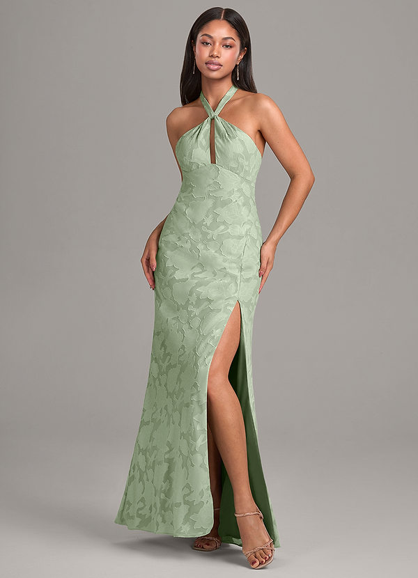 Azazie Ailany Vestidos Dama de Honor Vestido de Salvia Polvorienta de Devorado Floral de Corte en A con Plisado image1