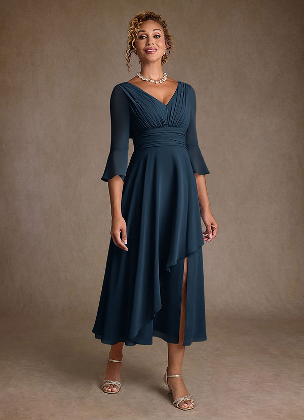 Azazie Aerynne Mother of the Brides Dresses Dark Navy A-Line Pleated Chiffon Dress image1