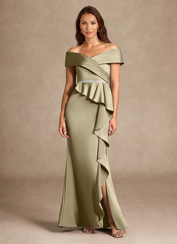 Azazie Dareia Robe Mère de la Mariée & du Marié Robe Sirène en Satin extensible Épaule décolletée Vert Mousse image1
