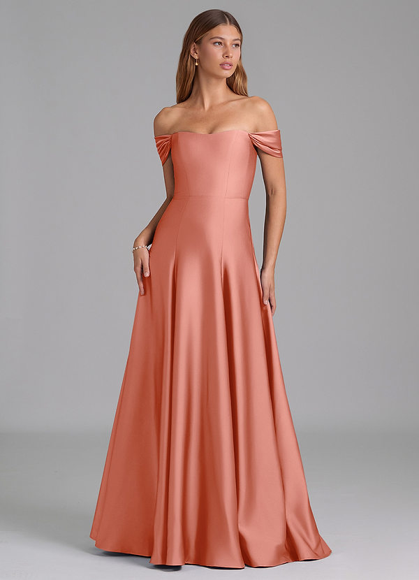 Azazie Seriana 신부 들러리 드레스 A라인 오프 더 숄더 스트레치 새틴 바닥 길이 드레스 image1