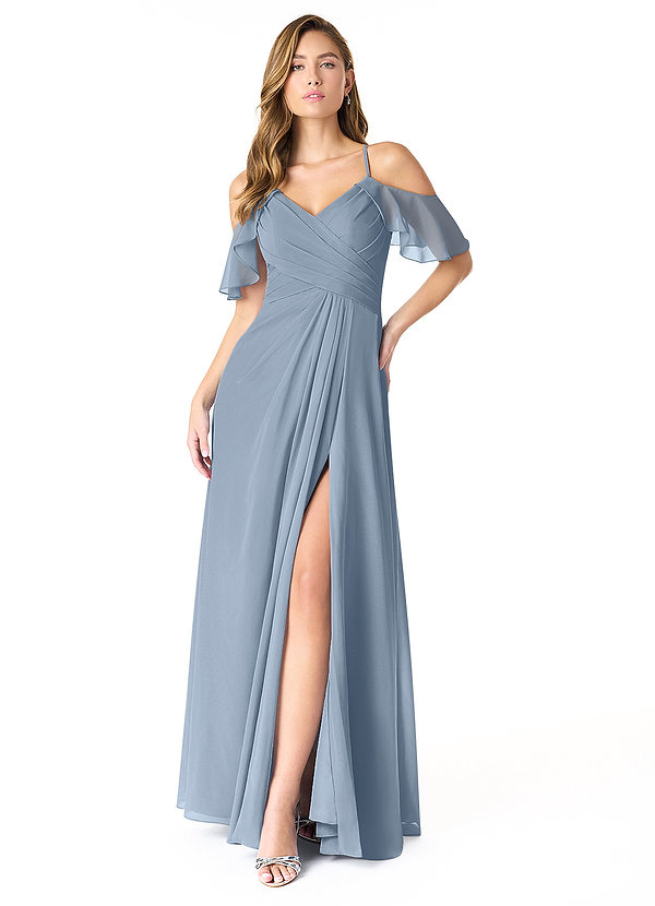 Azazie Dakota Bridesmaid Dresses Dusty Blue A-Line V-Neck Pleated Chiffon Dress image1
